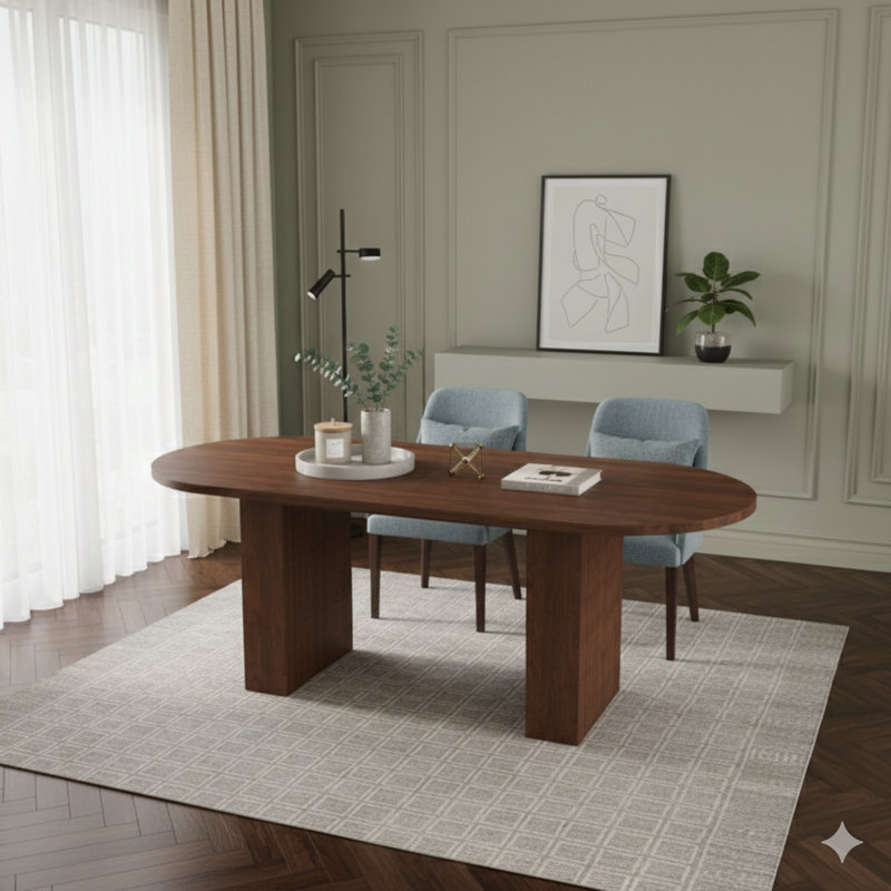 Table de salle à manger ovale de 62,9 pouces pouvant accueillir six personnes, plateau de table en panneau de fibres à densité moyenne plaqué noyer avec base en panneau de fibres à densité moyenne, table de salle à manger de style campagne moderne avec surface imperméable et résistante aux égratignures