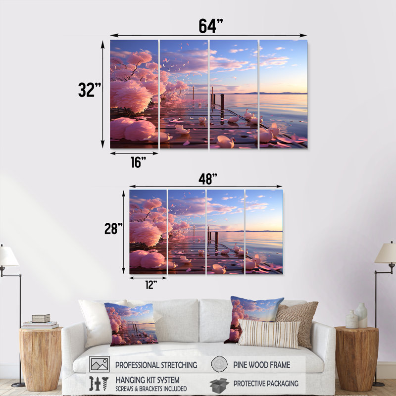 Gloomy Sunset By The Lake I - Coastal Pier, art mural 4 pièces, H 32 po x l 64 po