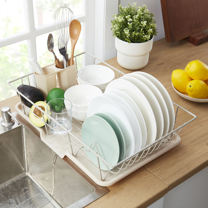 Beige Metal 3-Piece Dish Drainer Rack with Utensil Cup