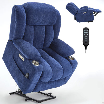 Fauteuil inclinable électrique en chenille jusqu'à 350 lb, mécanisme de mouvement robuste avec massage par vibration à 8 points et chauffage lombaire, ports USB et Type-C, porte-gobelets en acier inoxydable, bleu