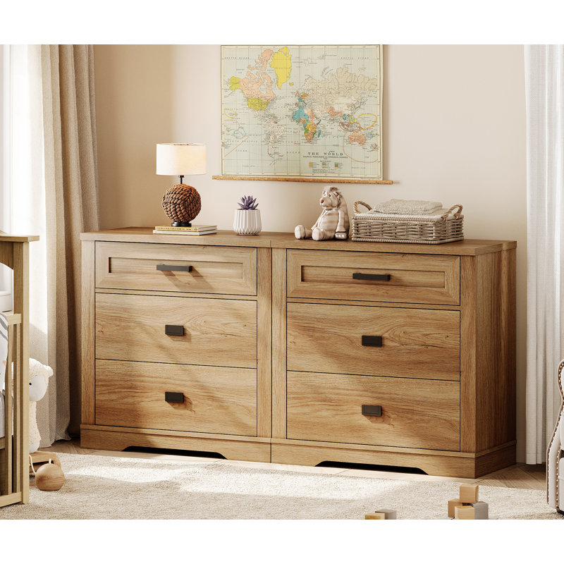Laziza  Farmhouse 6 Drawers Dresser For Bedroom, 62 Inch 2 In 1 Double Dresser With Small Chest Of Drawers,Mid Century Modern Wooden Closet Storage Organizer For Living Room, Hallway