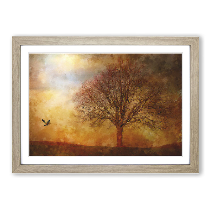 Bird and Tree at Sunset - Picture Frame Painting, 36cm H x 48cm W x 2cm D, Oak Framed