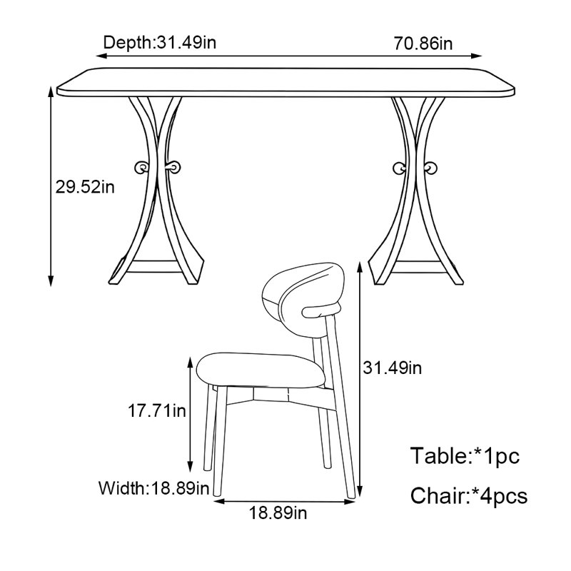 Ensemble de table de salle à manger rectangulaire Vintage, H 29,52 po x L 70,86 po x l 31,49 po