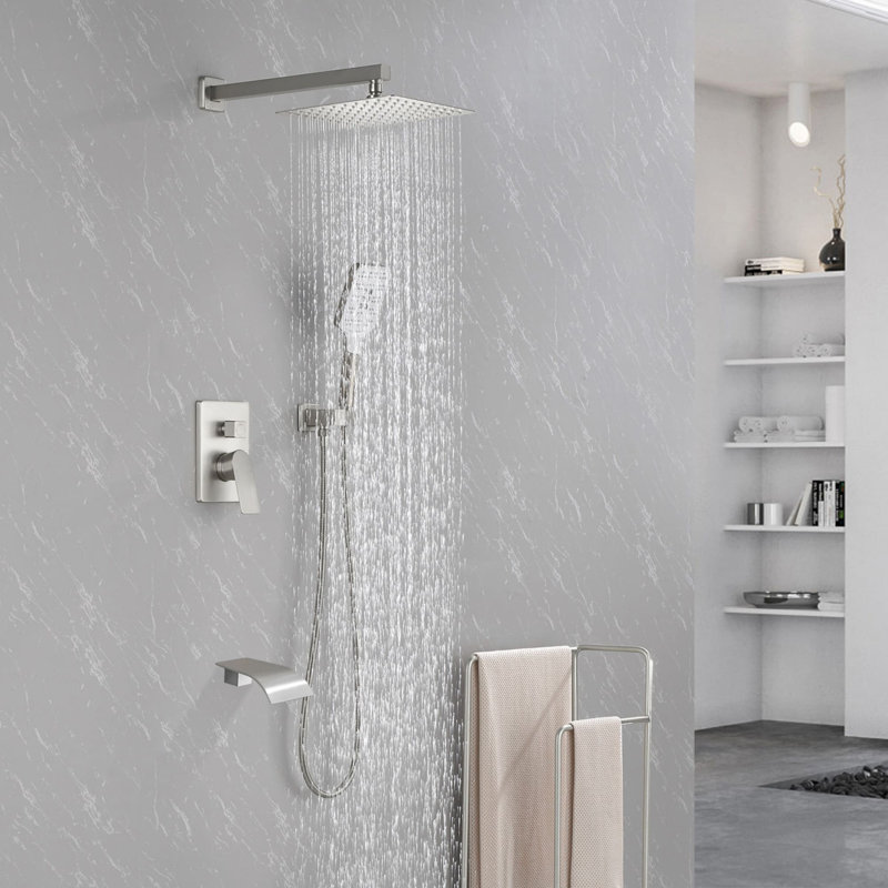 10 Inch Wall Mount Shower System With Hand Shower Single Handle Shower Faucet Set Waterfall Brass Shower Trim Kit With Tub Spout