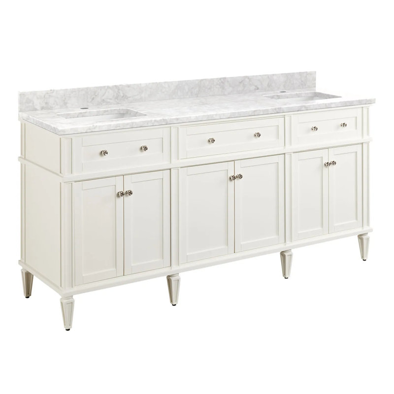 72" Elmdale Double Bathroom Vanity Set with Rectangular Undermount Sinks, Single Hole, Carrara Marble, Soft White