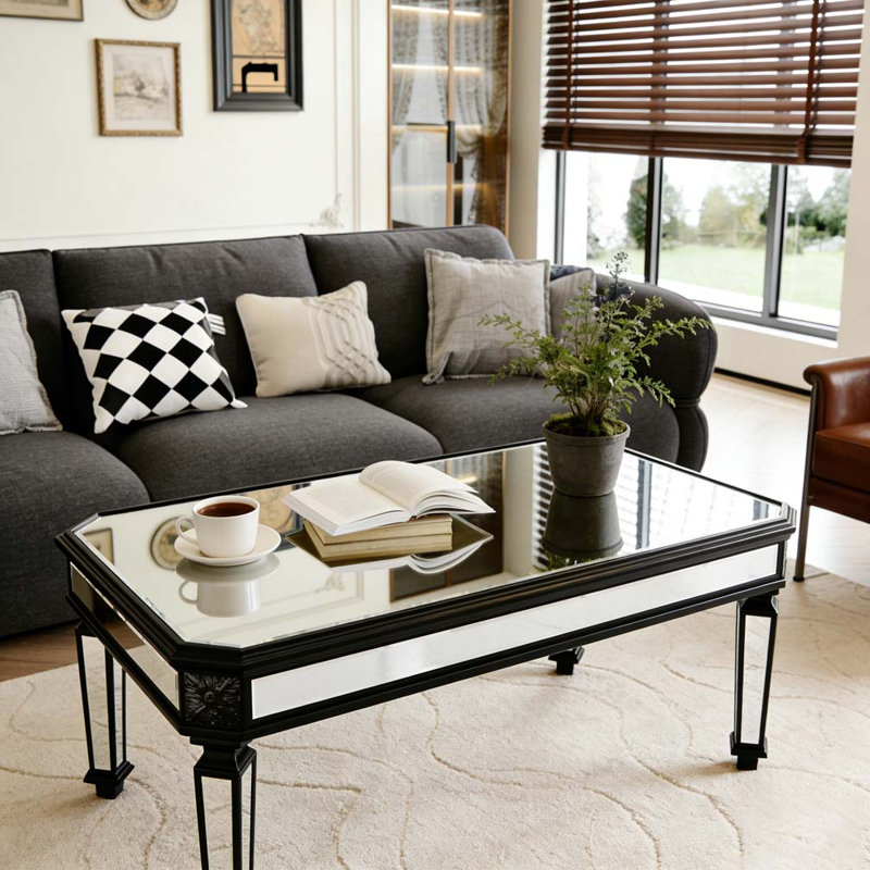 Table basse moderne rétro avec miroir en verre argenté sculpté
