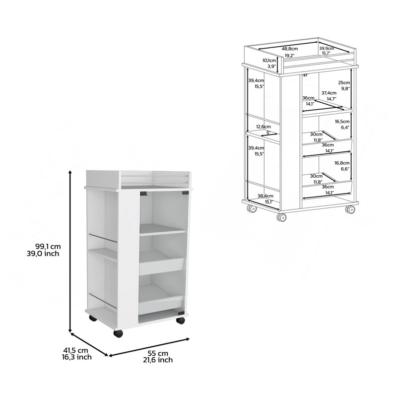 Chariot-bar avec porte vitrée, 2 tablettes latérales et roulettes, Blanc