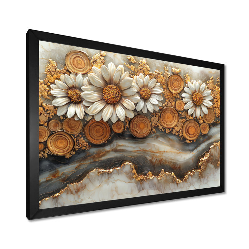 «Mugurel Daisies Flowers Forest Wooden Landscape III» - marguerites, art mural, H 30 po x l 40 po, Noir, noir, noir, noir