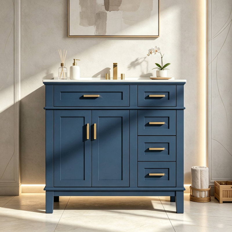 Meuble-lavabo simple 36 po avec comptoir en céramique 36 po, Bleu, Doré