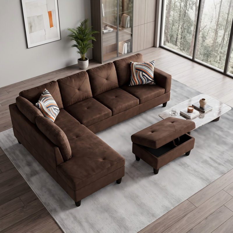 Upholstered Sectional, Brown Flannel, Left Hand Facing