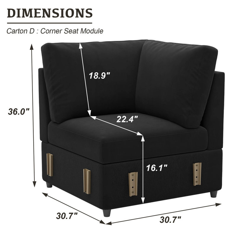 Module de siège simple sans accoudoirs pour canapé modulaire modulaire, Velours noir