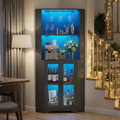 65" Tall Corner Bar Cabinet With Led Lights, 4-tier Liquor Display Cabinet With Glasses Holders, Modern Wine Bar Cabinet With Tempered Glass Door And Adjustable Shelf For Dining Room, Black