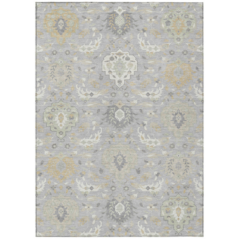 3' X 5' Gray Ivory And Gold Damask Washable Indoor Outdoor Area Rug