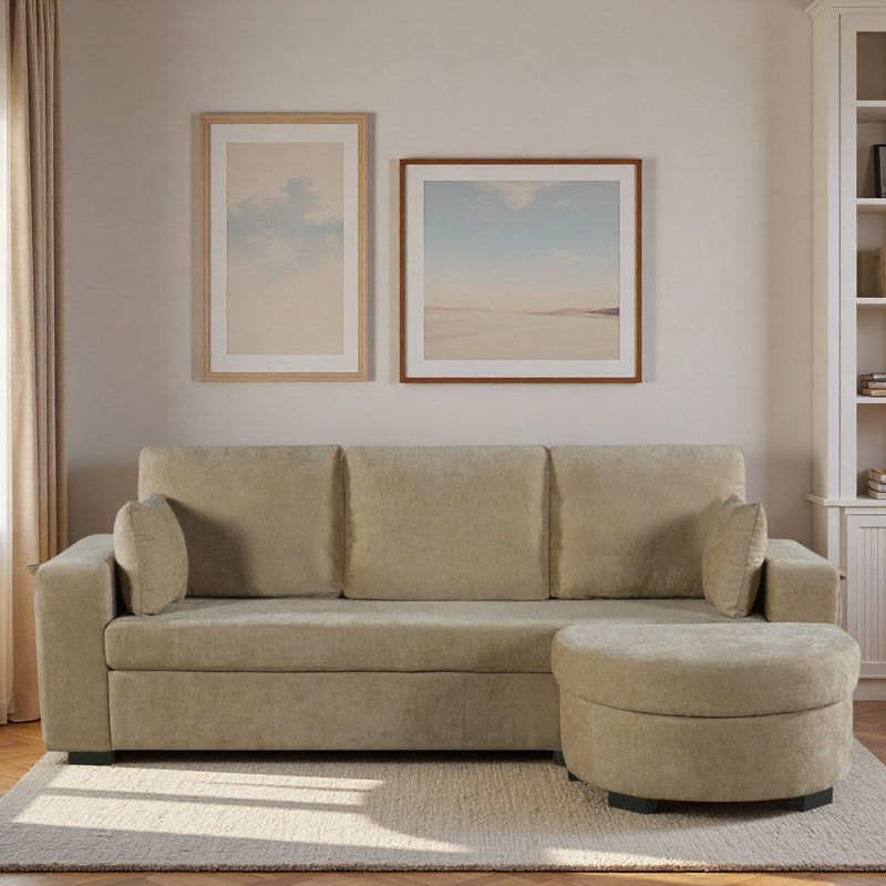 Canapé d'angle avec pouf de rangement, rangement dissimulé, ports de chargement USB et porte-gobelets, Coffee Chenille