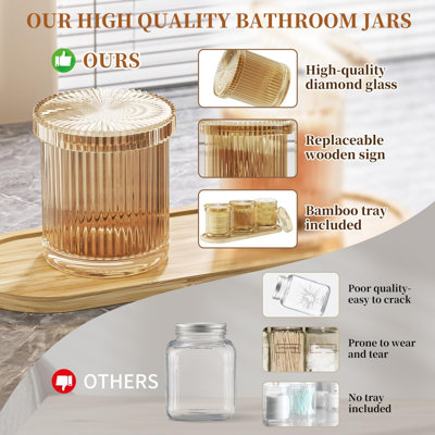 Bathroom Organizers And Storage, 3 Pack Glass Qtip Holder Dispenser With Bamboo Tray(Amber)