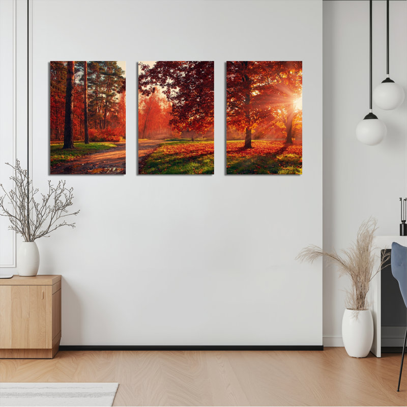 Ensemble de 3 tableaux sur toile représentant un coucher de soleil dans la forêt d'automne, H 36 po x l 72 po
