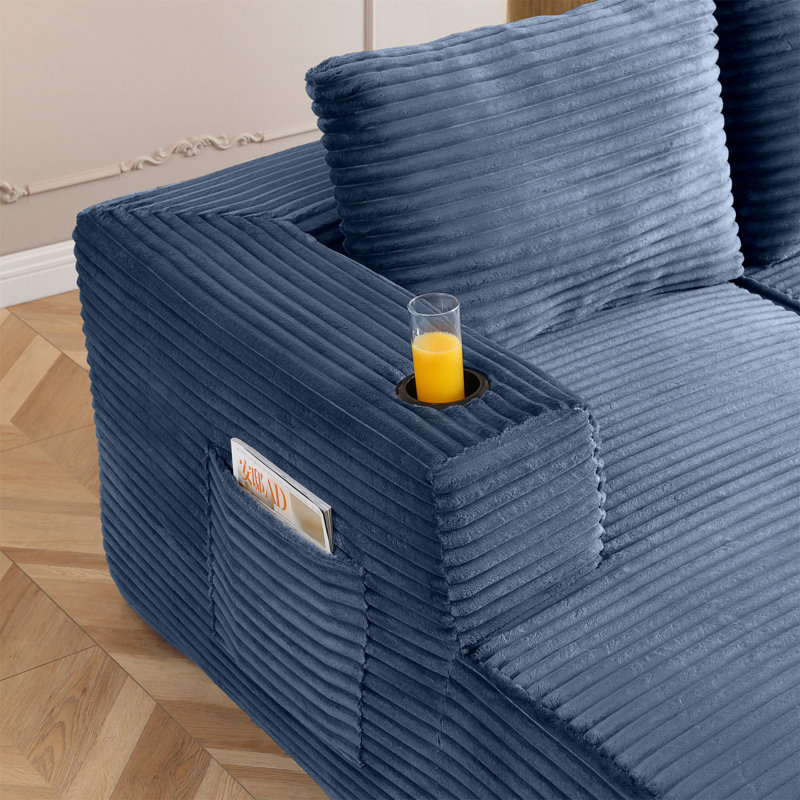 Canapé surdimensionné de 132 po sans dossier avec méridienne, canapé modulaire en forme de U en velours côtelé profond avec siège profond, canapé confortable avec porte-gobelets et poche latérale, aucun assemblage requis