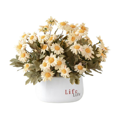 Composition florale artificielle de marguerites de 16 cm (6,3 pouces) en pot en céramique, marguerites artificielles préassemblées pour centre de table ou décoration de bureau.