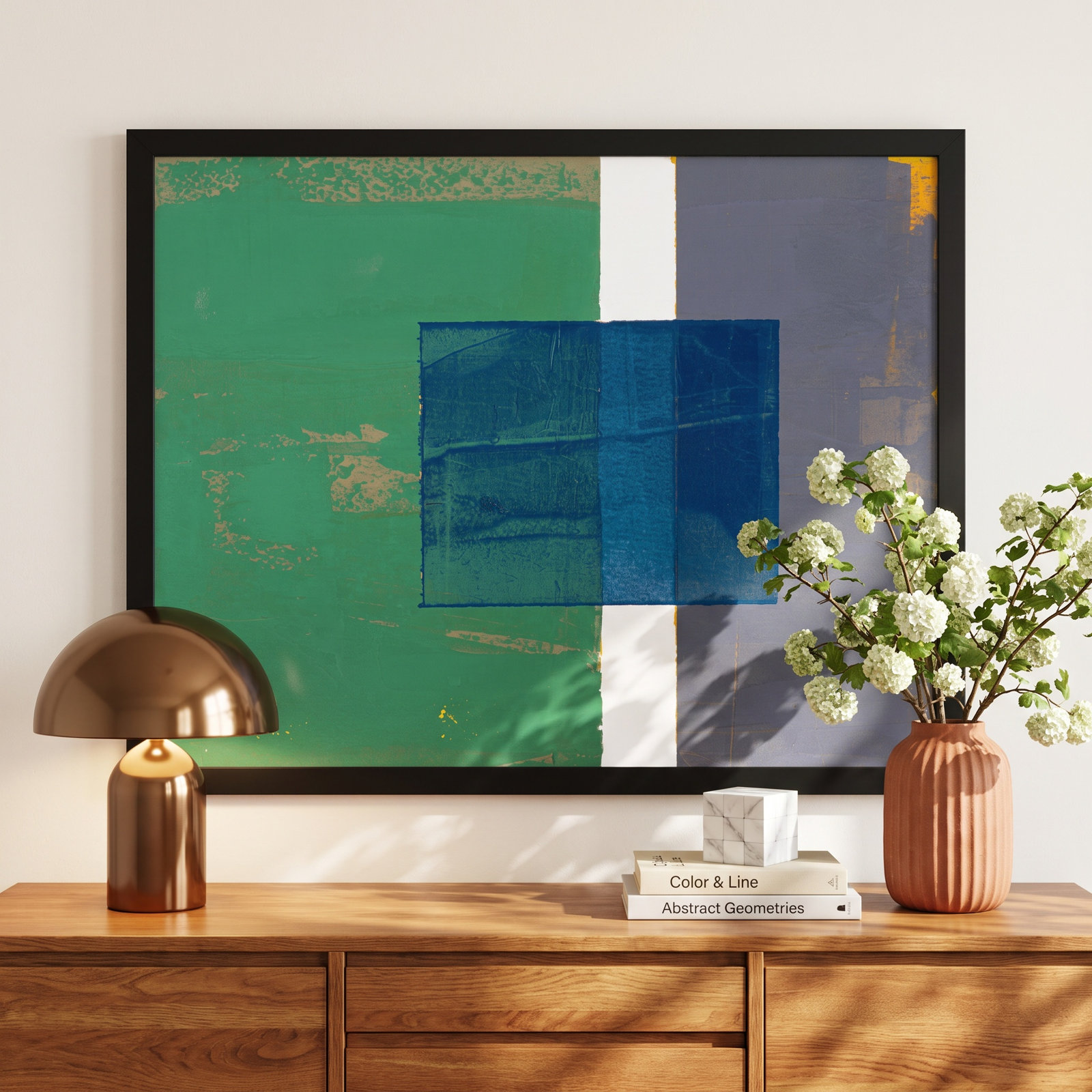 Bold In Blue 1 by Andrea Stokes, 40" H x 50" W x 1.38" D, Black Framed