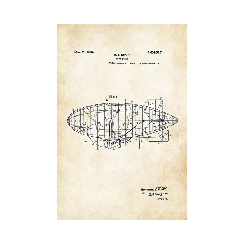 «Goodyear Blimp» par brevet77 - reproduction de dessin sur toile tendue, H 26 po x l 18 po x 1,5 po