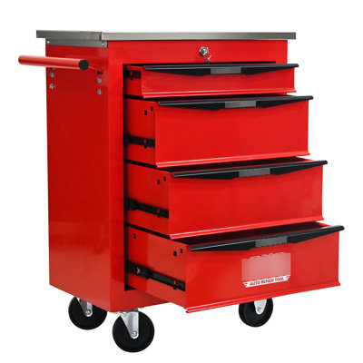 Multifunctional 4 - Drawer Steel Tool Cart With Wheels And Stainless Top, Red & Black, Ideal For Workshop Garage Organization, 2 Locking Brakes, Side Handle Easy Maneuver, 15Kg Loading Slides, Key