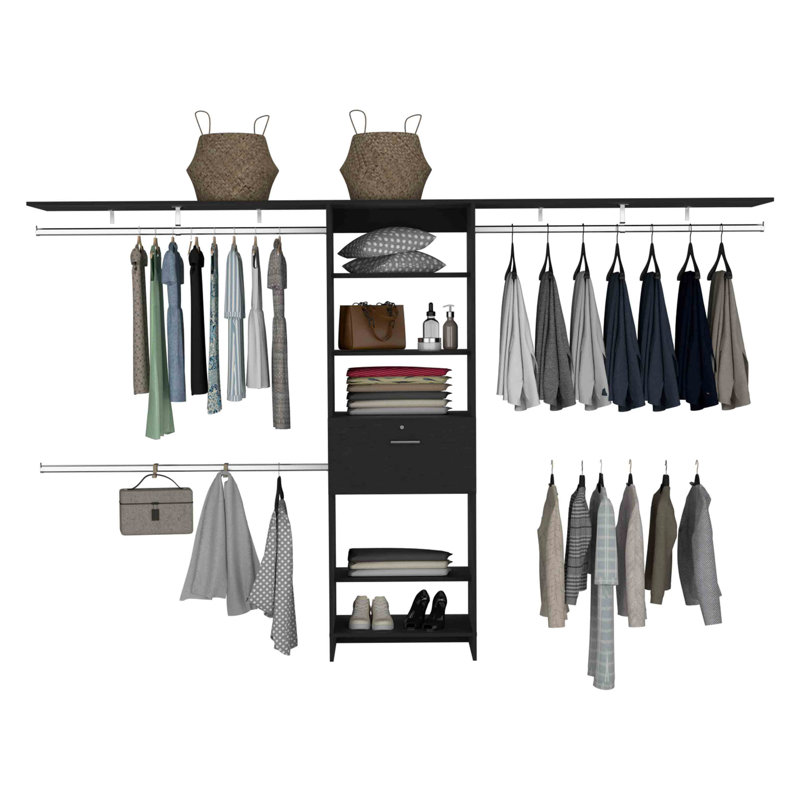 Closet System 70"W - 118"W, Three Hanging Rods, Five Shelves, One Drawer, Black