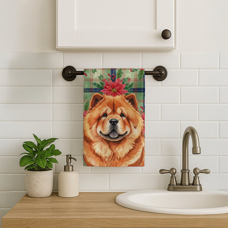 Red Chow Chow Christmas PoinsettIas Kitchen Towel, Red Chow Chow