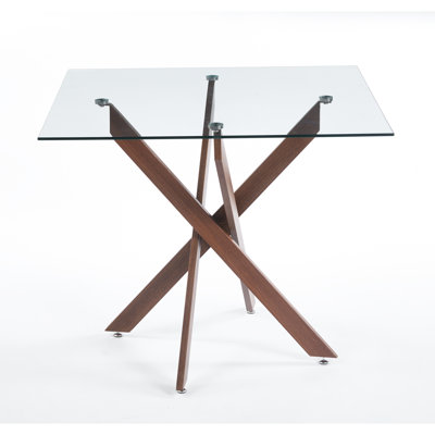 Square Dining Table With Cross Metal Legs And Tempered Glass Surface, 90X90x75cm, Stable Structure, Dark Walnut Simple To Assemble, Color