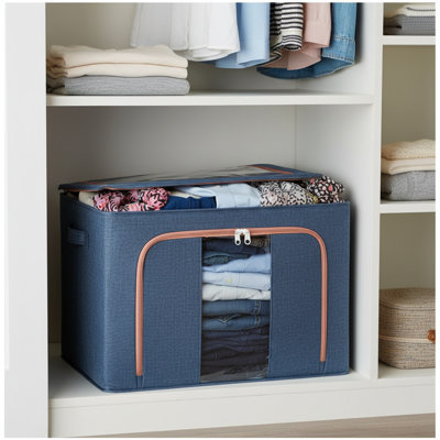 Boîte de rangement pliable en lin 100% coton avec cadre en acier, couvercle et poignées pour fenêtre