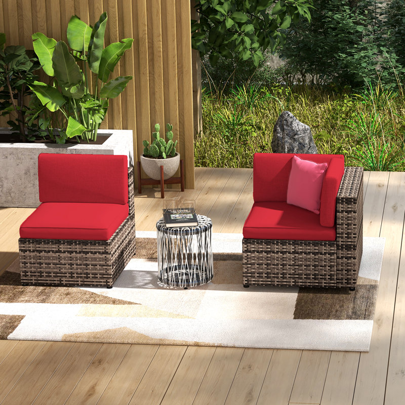 Ensemble de conversation modulaire en rotin pour 2 personnes, Rouge, Gris