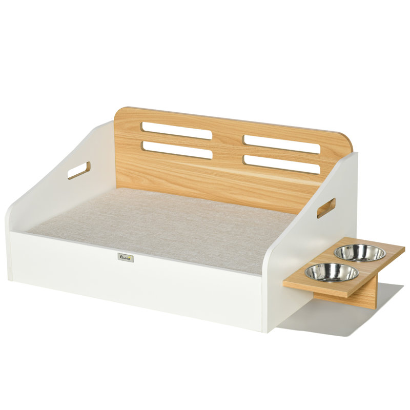 Structure de lit pour chien moderne avec coussin moelleux, housse lavable, 2 bols