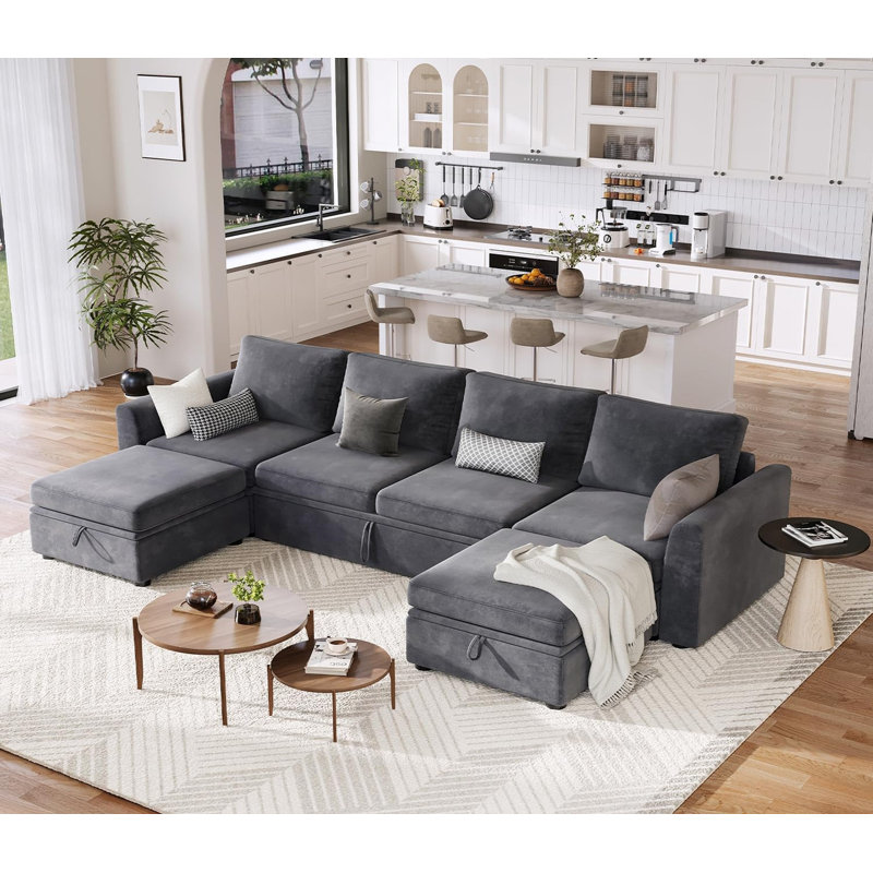 L-Shaped Sectional Sleeper Sofa with Pull-Out Bed & Storage, 5-7 Seat Chenille Couch for Living Room, Gray Chenille