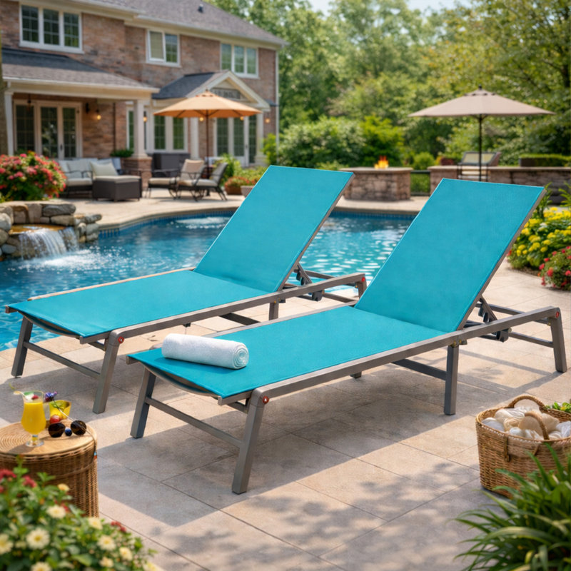 Kozyard 2-Pack Outdoor Lounge Chairs, Foldable Aluminum Frame Patio Chaise Loungers with 5-Position Adjustable Backrest, No Assembly, Breathable Textilene Fabric for Poolside, Beach, Backyard Aqua 