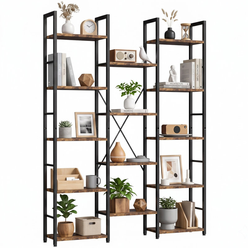 Quach Triple 5-Tier Etagere Bookcase, Brown