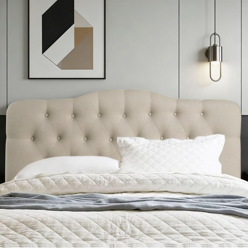 Upholstered Headboard, Solid Wood Head Board with Wood Legs,  Fabric Headboard in Modern Design, Beige, King