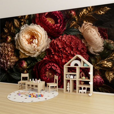 Élégant panneau mural floral Bouquet de roses rouges et blanches Feuilles d'or Peler et coller Papier peint adhésif moderne pour le salon de la chambre à coucher L 69 po x l 96 po