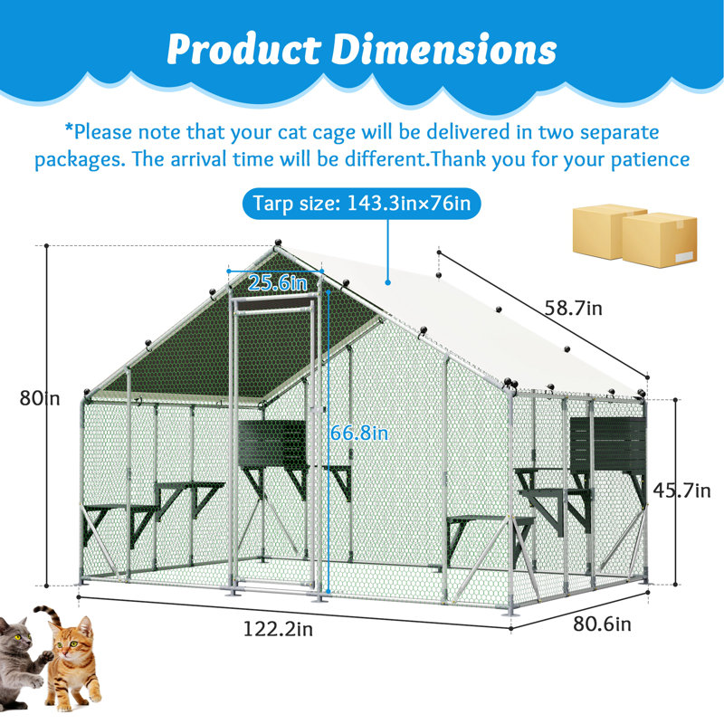 Cage d'extérieur pour chat en métal avec verrou de sécurité, bâche imperméable, H 80 po x l 122,2 po x P 80,6 po