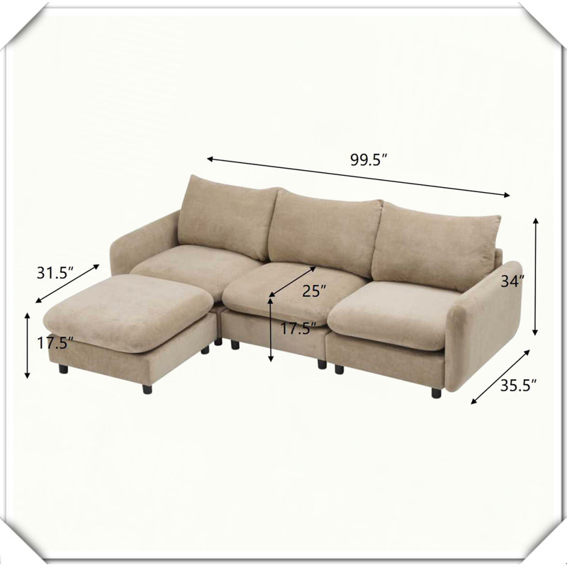 Canapé modulaire en L en velours avec repose-pieds 4 pièces, 4, H 34 po x l 67 po x P 99,5 po, Chameau