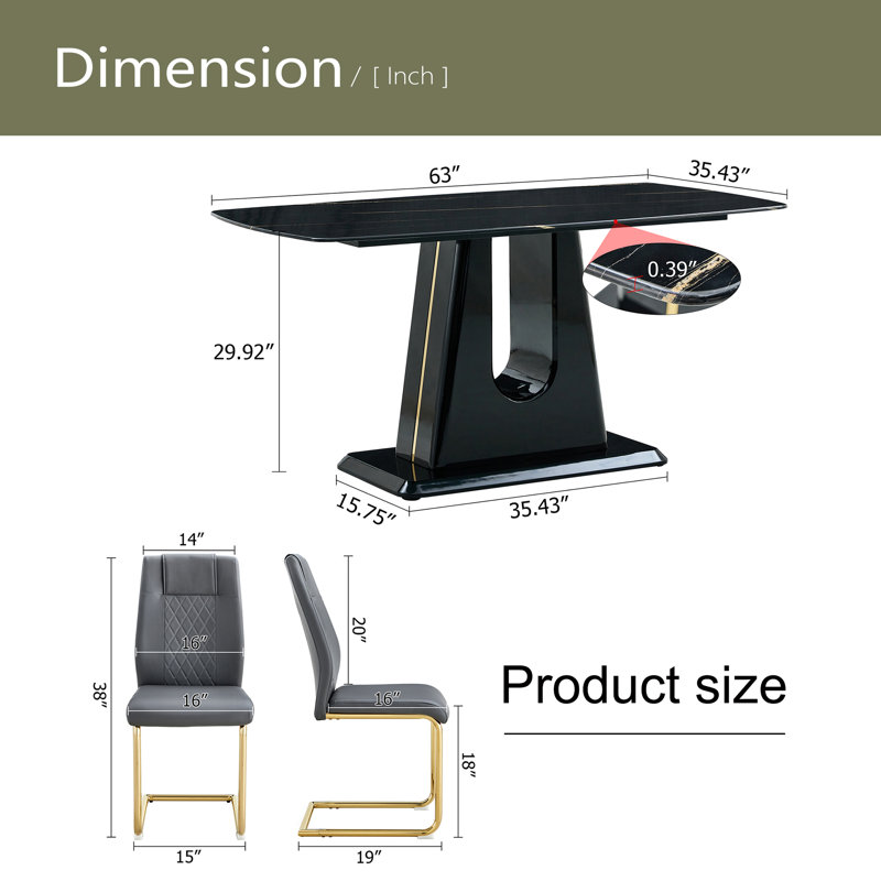 Ensemble de table et de chaises, table de salle à manger minimaliste, plateau de table en verre imitation marbre, pieds en panneau de fibres à densité moyenne avec supports en forme de U. Jumelé avec des chaises confortables