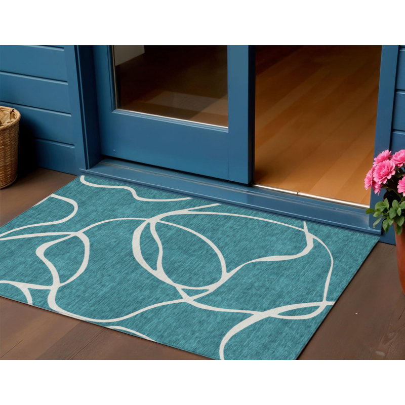 3' X 5' Teal Blue And Ivory Abstract Washable Indoor Outdoor Area Rug