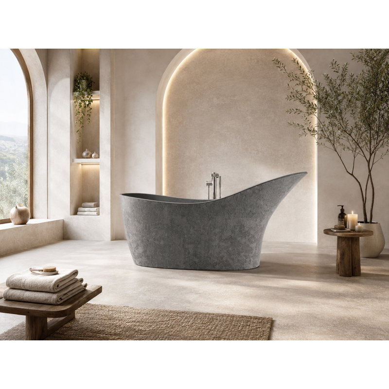 Baignoire de trempage autoportante en béton texturé gris texturé 67,3 po x 29,7 po Vast Studio - Baignoire de trempage profonde métallique grise / grise avec design ondulé à haut dossier et finition de luxe moderne 
