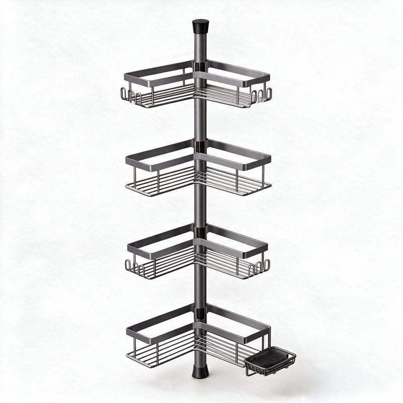 Étagère de douche d'angle à barre de tension réglable, panier de salle de bain à 4 niveaux en acier inoxydable, hauteur réglable de 121,1 cm à 314,3 cm, gris