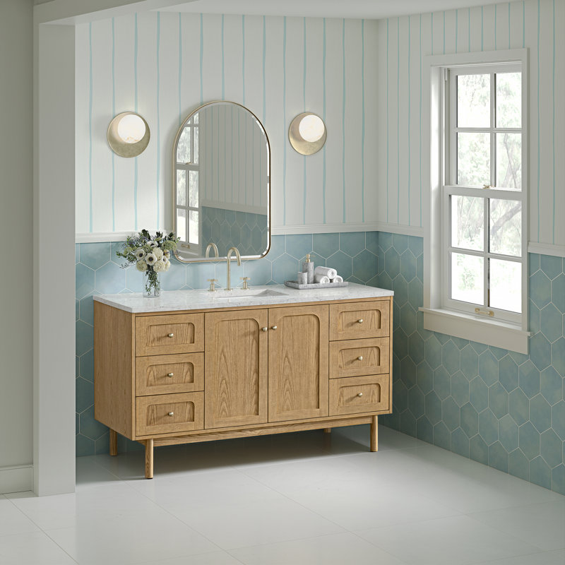 Laurent 60"W Single Vanity W/ Freepower Wireless Charger, Eternal Jasmine Pearl, Light Natural Oak