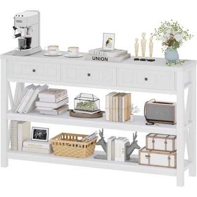 Wood & Metal Console Table With 3 Drawers – White Oak
