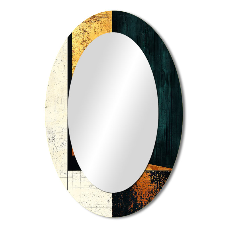 Abstract Golden And Emerald Shifting Perspectives - Abstract Oval Decorative Mirror On Metal, 36" x 24"