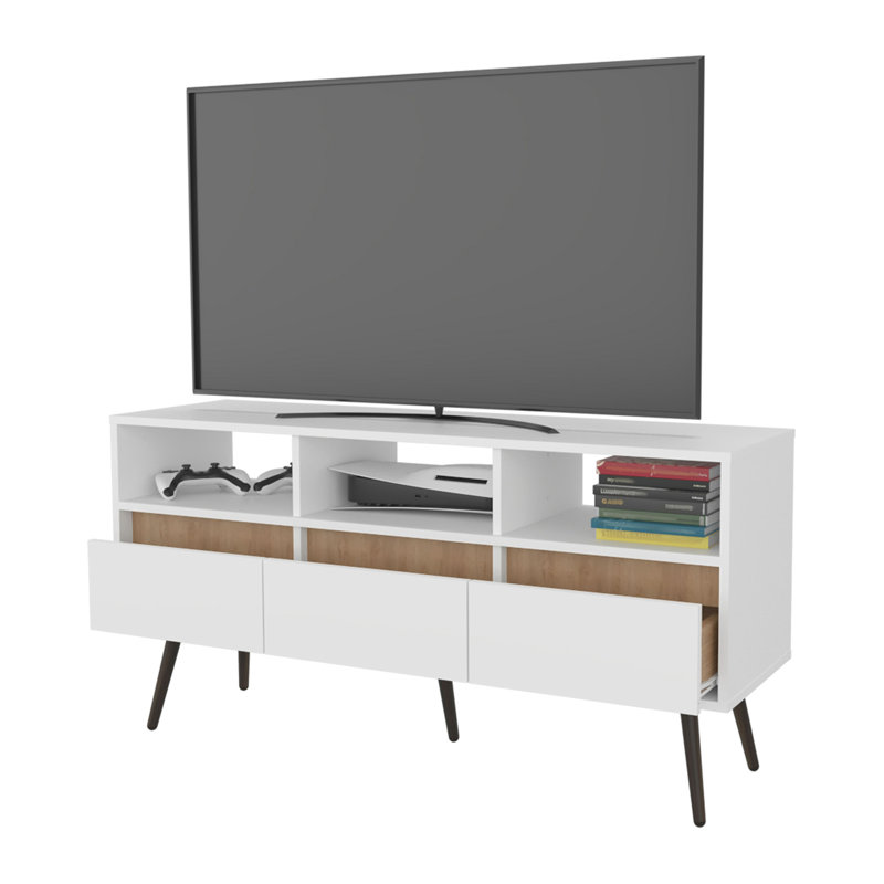 Meuble télé Picacho avec rangement, 3 tiroirs et 3 tablettes, blanc et chêne naturel.