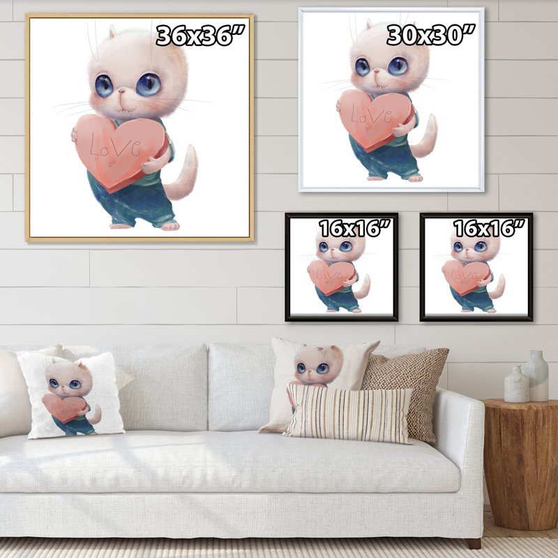 Mignon chat blanc avec cœur - reproduction d'art sur toile pour enfants, H 36 po x l 36 po x P 1 po, Cadre flottant érable