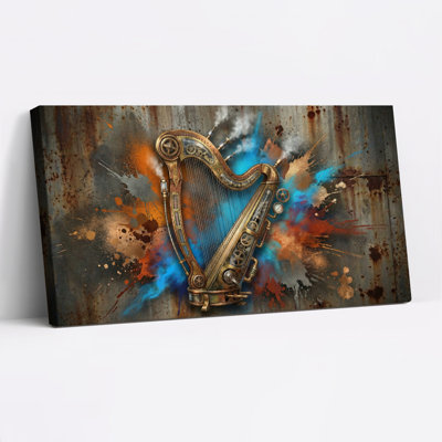 Harpe Steampunk sur toile tendue sur fond métallique rustique (lot de 1)