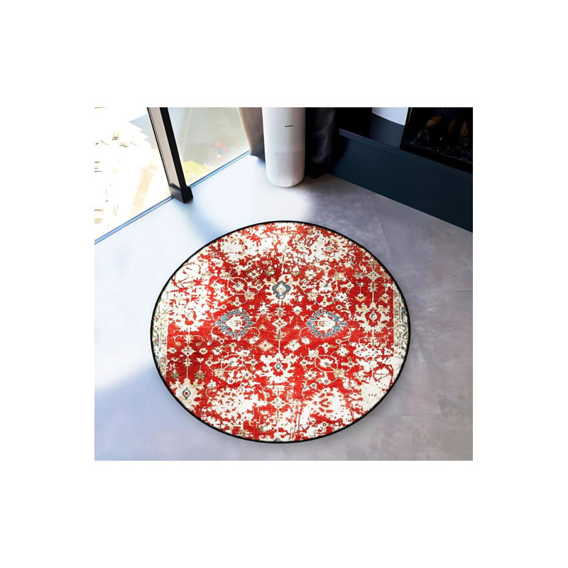 Tapis décoratif rond rouge à motif traditionnel rouge, Rond 2 pi 8 po
