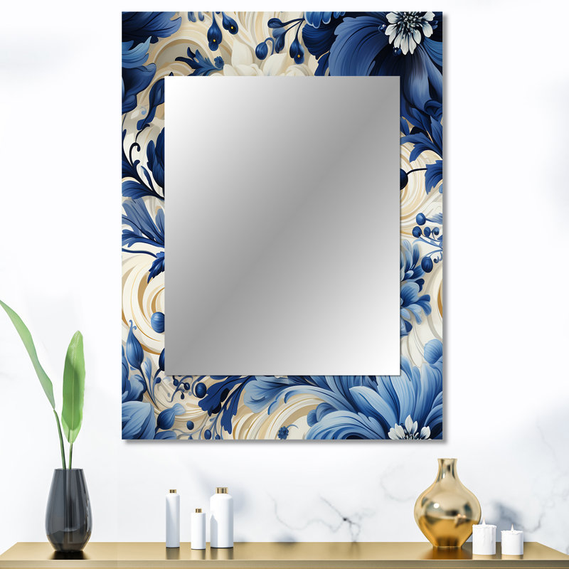 Kurtz Romantic Cobalt Blue Swirls Victorian Pattern - Floral Mirror, Cottage Decorative Wall Mirror, Printed Metal Art